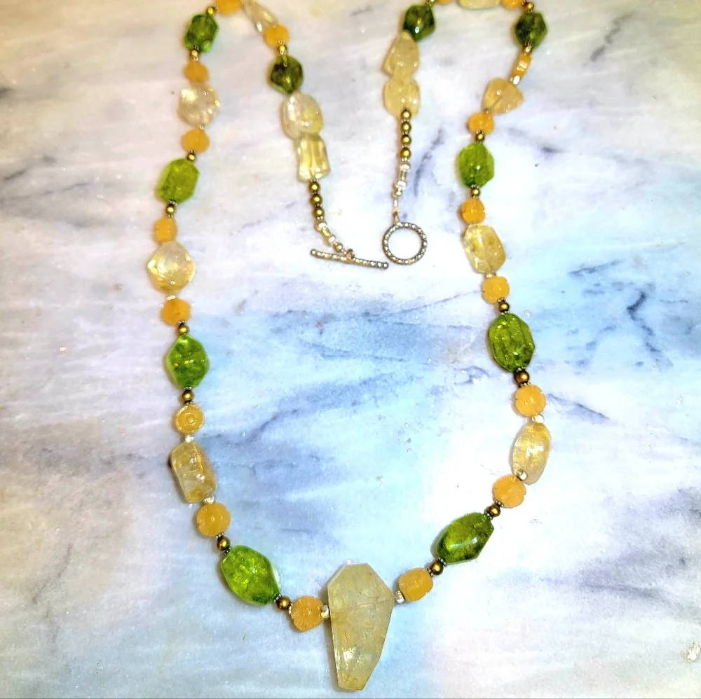 Chunky Citrine Peridot Pearl Adventurine Sterling 925 Necklace 34" - Picture 2 of 8